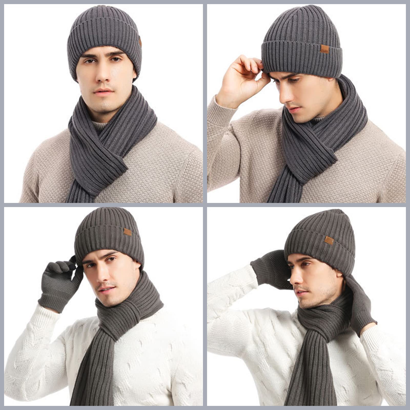 Set di 3 guanti invernali unisex con cappello e sciarpa a maglia calda, guanti touchscreen, sciarpa lunga, per uomini e donne