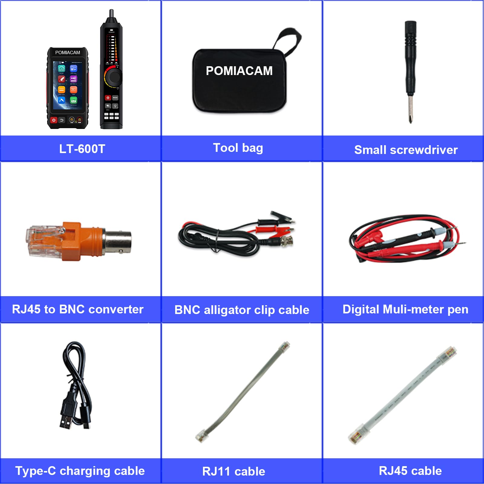 Tester per cavi di rete, tester per cavi UTP, tracker per cavi Ethernet, touch screen IPS da 4 pollici, VFL OPM DMM TDR, misuratore di livello, rilevamento PoE+, RJ45 TDR, misurazione della lunghezza