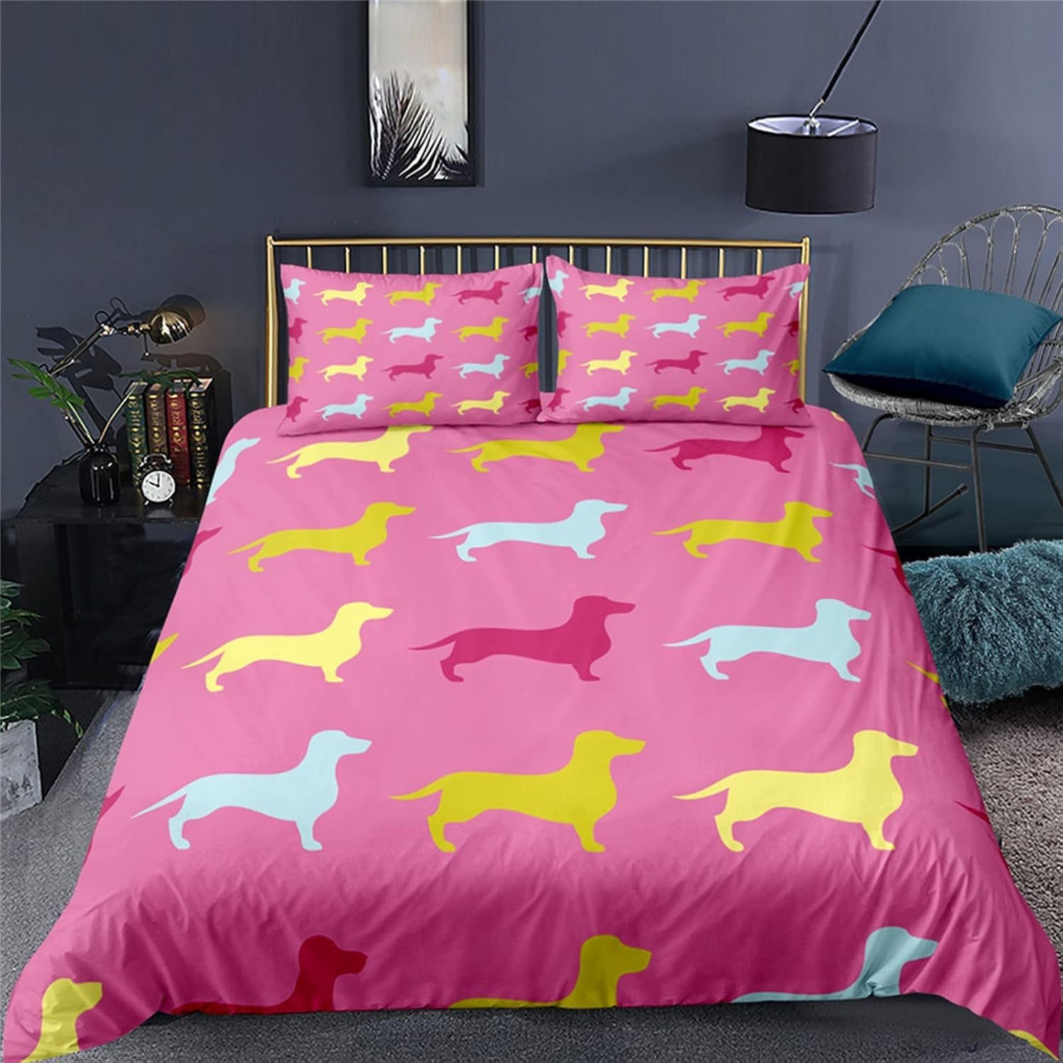 Housse de couette 3D chien 260x230 cm avec taies d'oreillers pour lit grand format