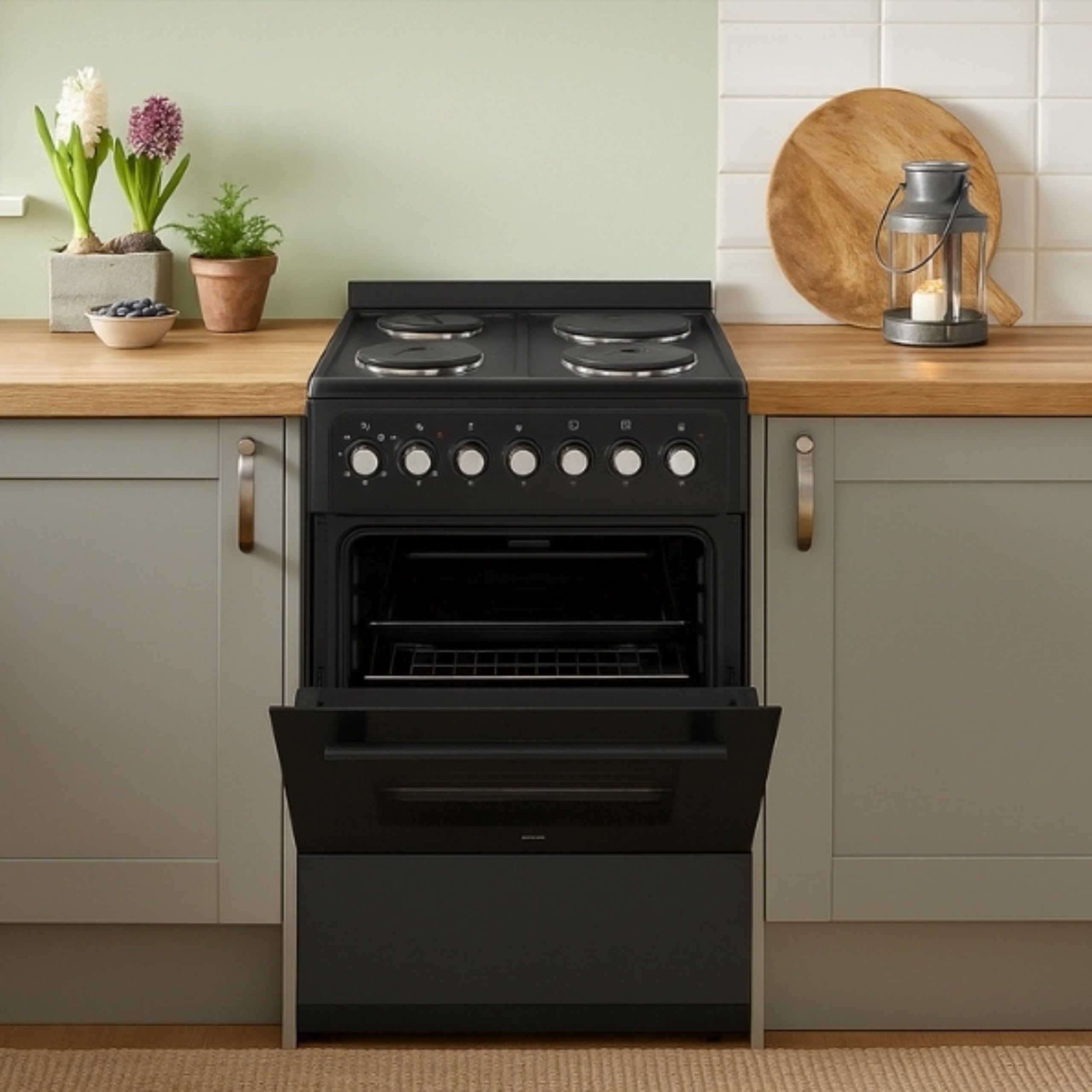 Cooker - Electric Cooker, 4 Hotplates, 62L Electric Oven, Smart Cooking Controls & Programs, 60cm Width, Freestanding Design, Matte Black, Perfect For Family Homes - C01FS60E17 — view 3
