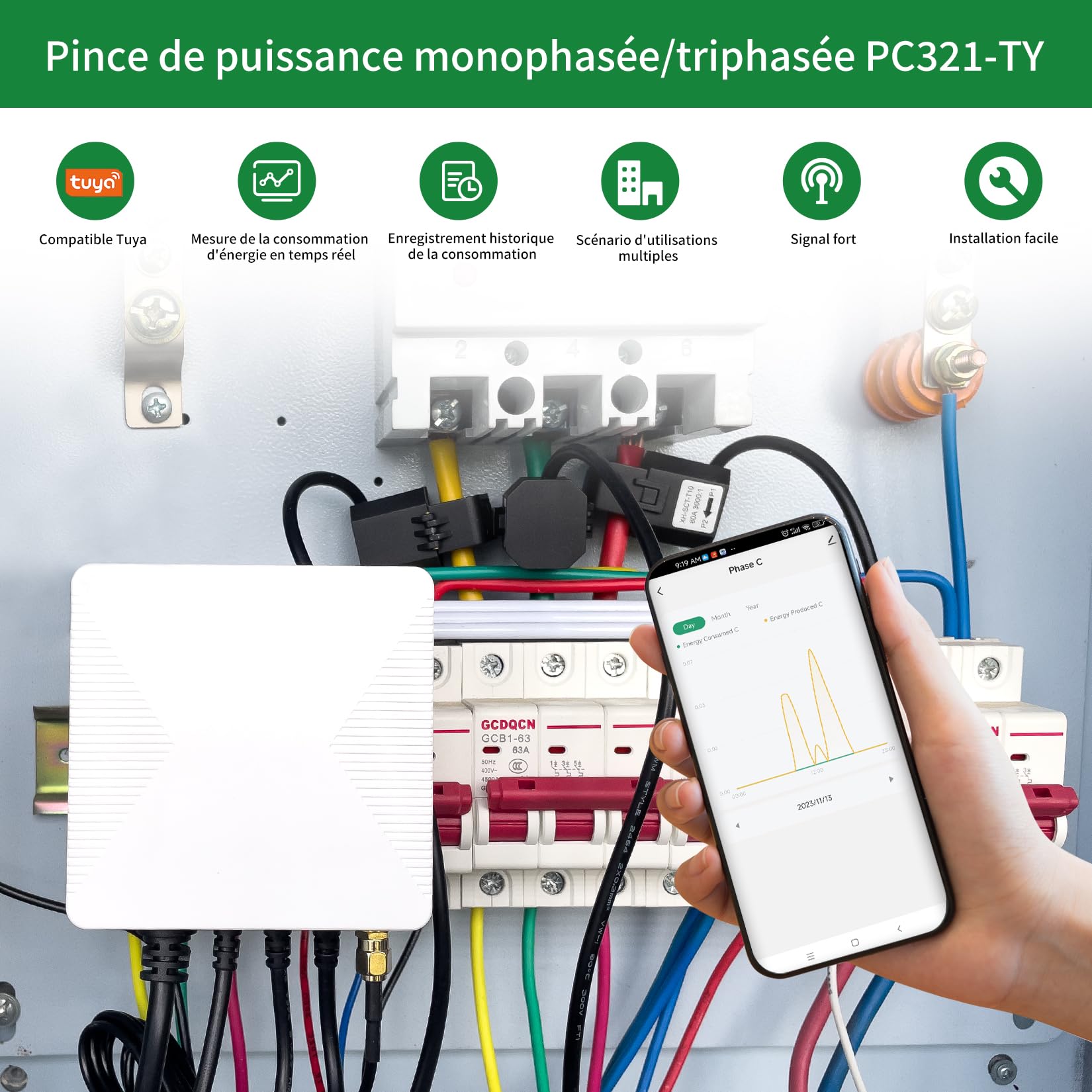 OWON Moniteur d'énergie domestique intelligent WiFi triphasé, Pince Ampèremétrique triphasée avec 3 Capteurs de Niveau de Circuit 80 A, Moniteur d'électricité en Temps Réel