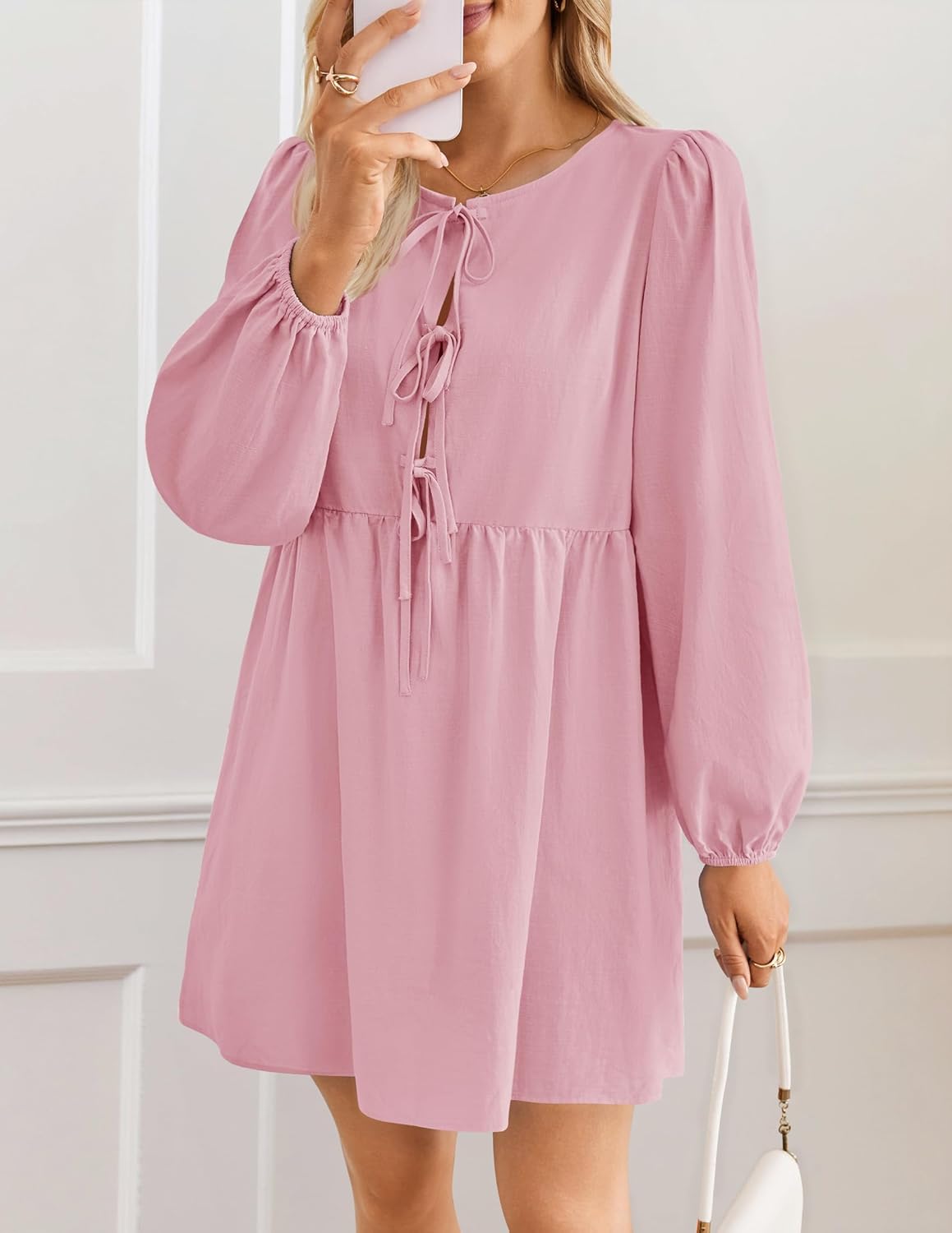 ZESICA Women's Dress Fall Long Puff Sleeve Self Tie Front Babydoll A Line Pleated Cute Mini Tunic Dresses 2026 - Image 3