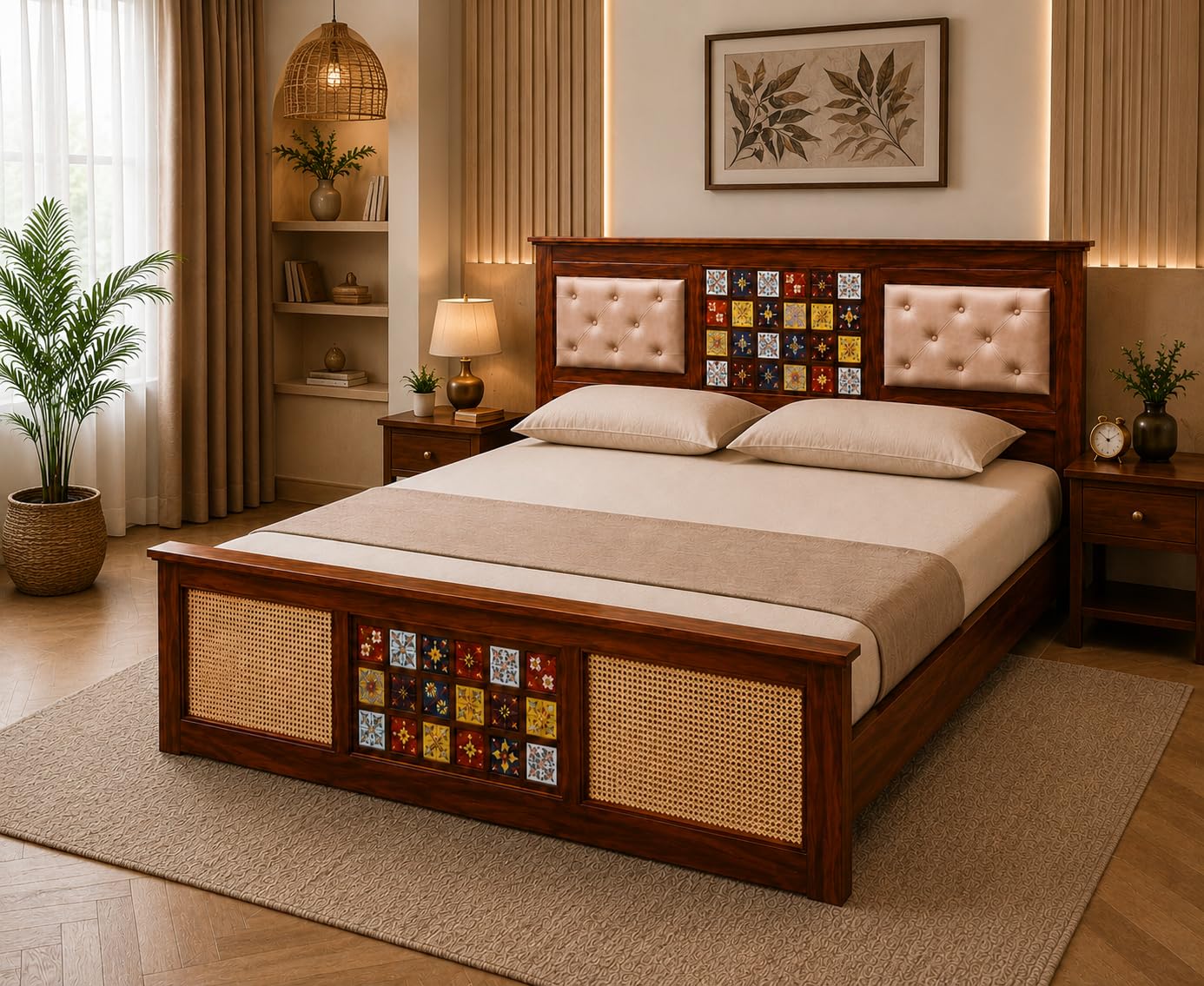 Solid Sheesham Wood King Size Bed with Upholstered Cushioned Headboard, Decorative Handcrafted Tile Inlay & Cane Footboard| Bedroom/Living Room Furniture (Natural Finish)-image-47
