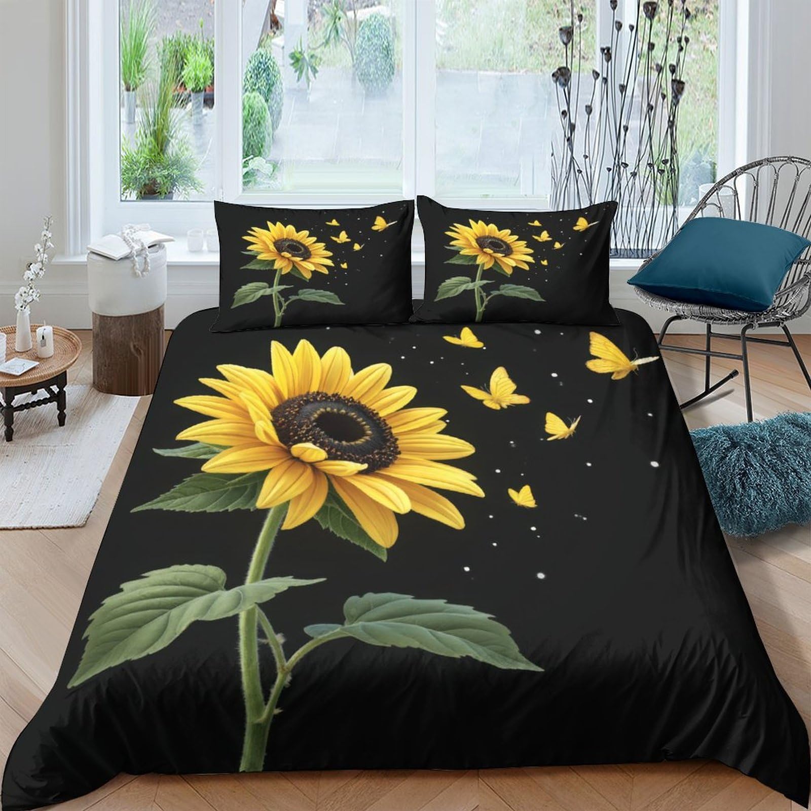 Ctjqhvkz Style-4 3D Printed Sunflower Fitted Sheet Microfiber Soft Black Yellow Butterfly Mattress Cover For Bedroom Dorm Decor Easy Care Single（135X200cm）