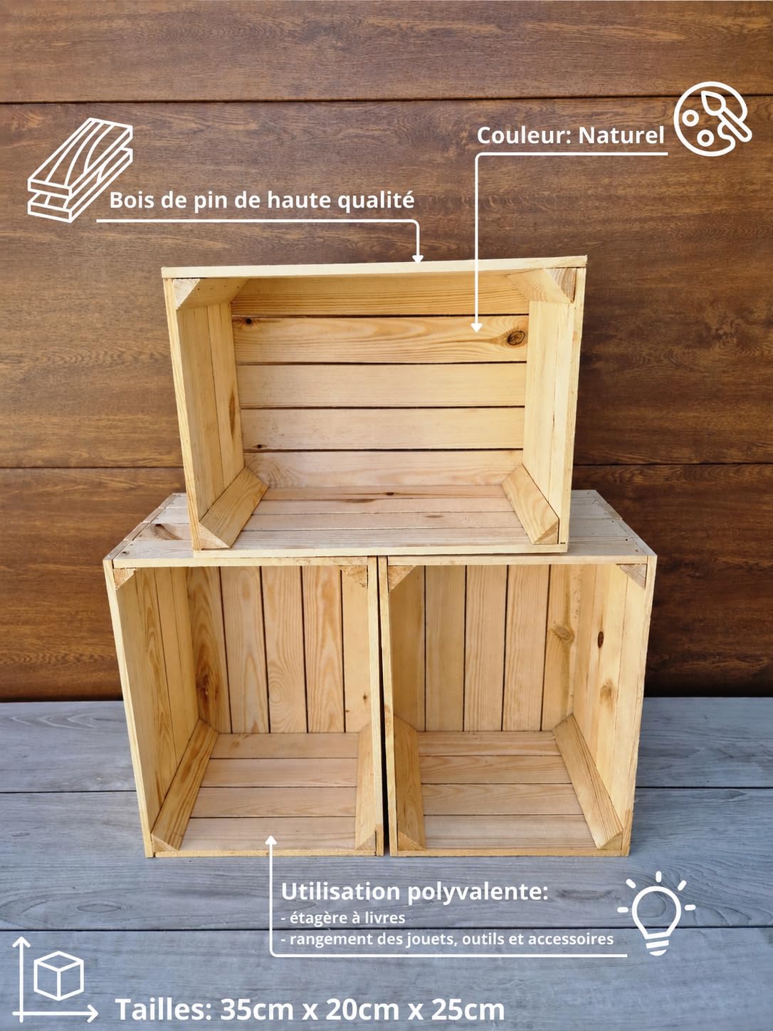 Caisses en bois massif naturel, lot de 1 à 12 – Pratiques et décoratives – Apportent une touche rustique et chaleureuse à votre intérieur ( Naturel, 7)