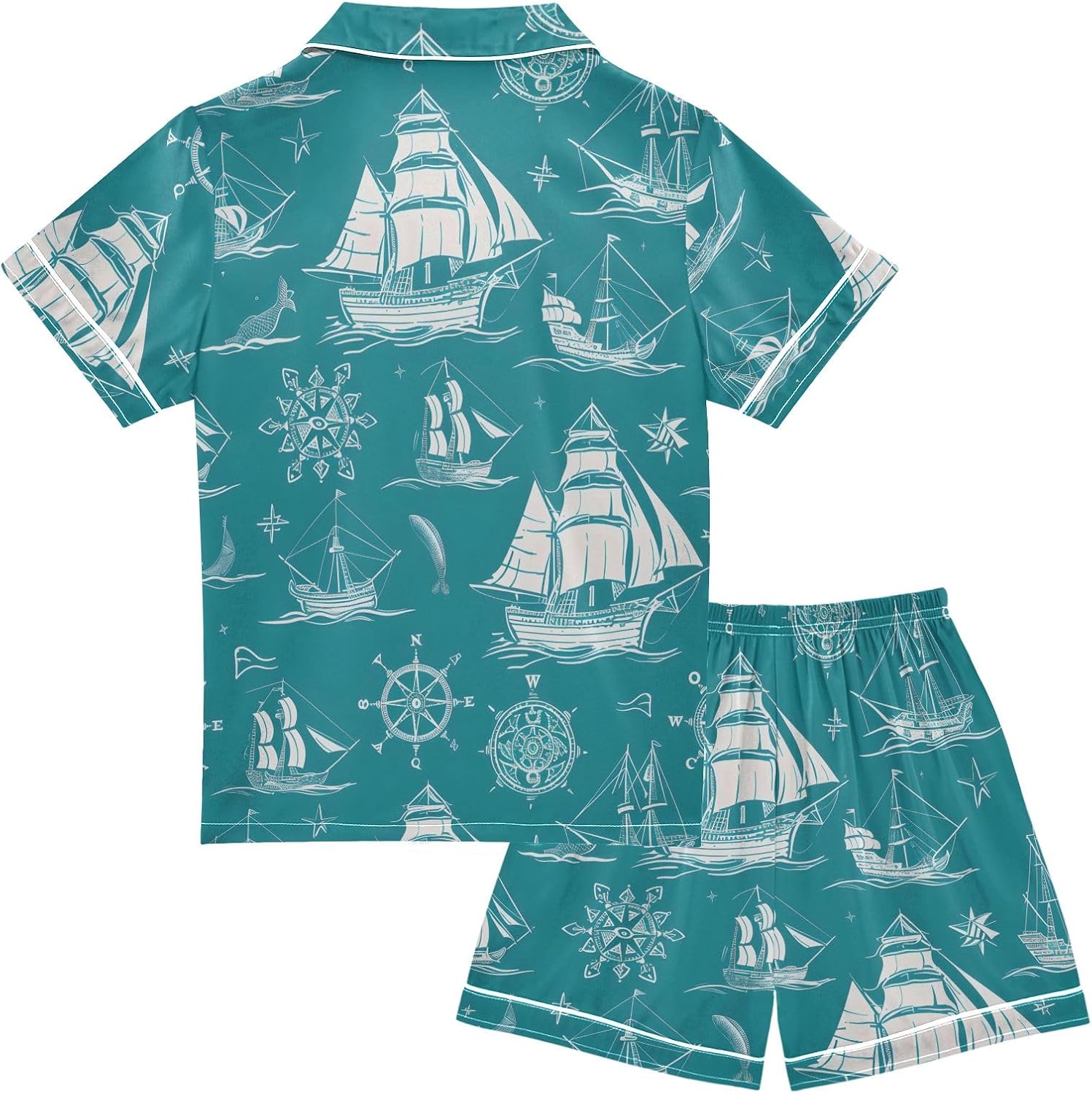 Kids Satin Wear Set Cruiser Rudder Pentagram Pattern Relaxed Fit Clothing Short Sleeve and Shorts