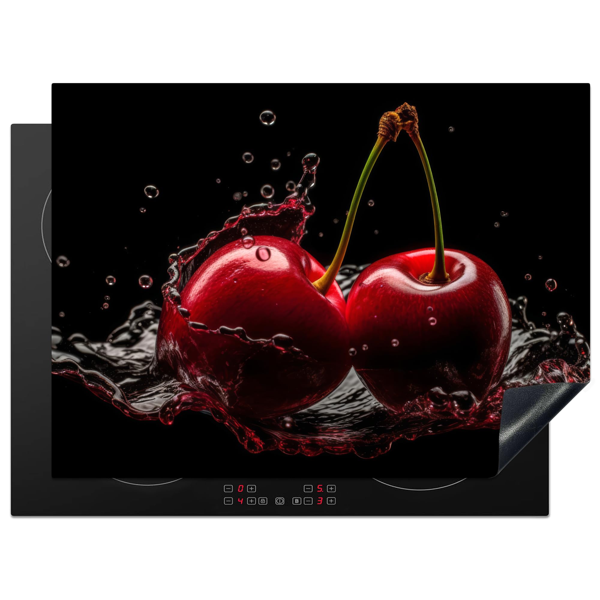 KitchenYeah© Induction Hob Protector Mat 20.5"x28" / 71x52 cm Stove Cap Top Cover Kitchen Cooker Covers for Electric Hobs Vinyl Cherries - Red - Fruit - Water - Black