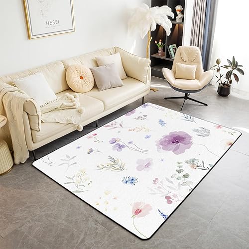 Alfombra decorativa floral morada de 5 x 7 pies, diseño de naturaleza botánica, alfombra para sala de estar, para niños y niñas, decoración de