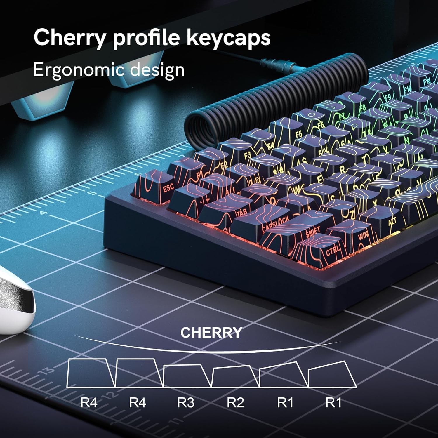 PBT Keycaps, Schwarze topografische 60 75 Prozent Lines Backlit, Shine Through Tastenkappen, Seitlich Bedruckte Cherry Profile für100%, 75%, 65%, 60% ANSI US Tastatur(nur Tastenkappen)