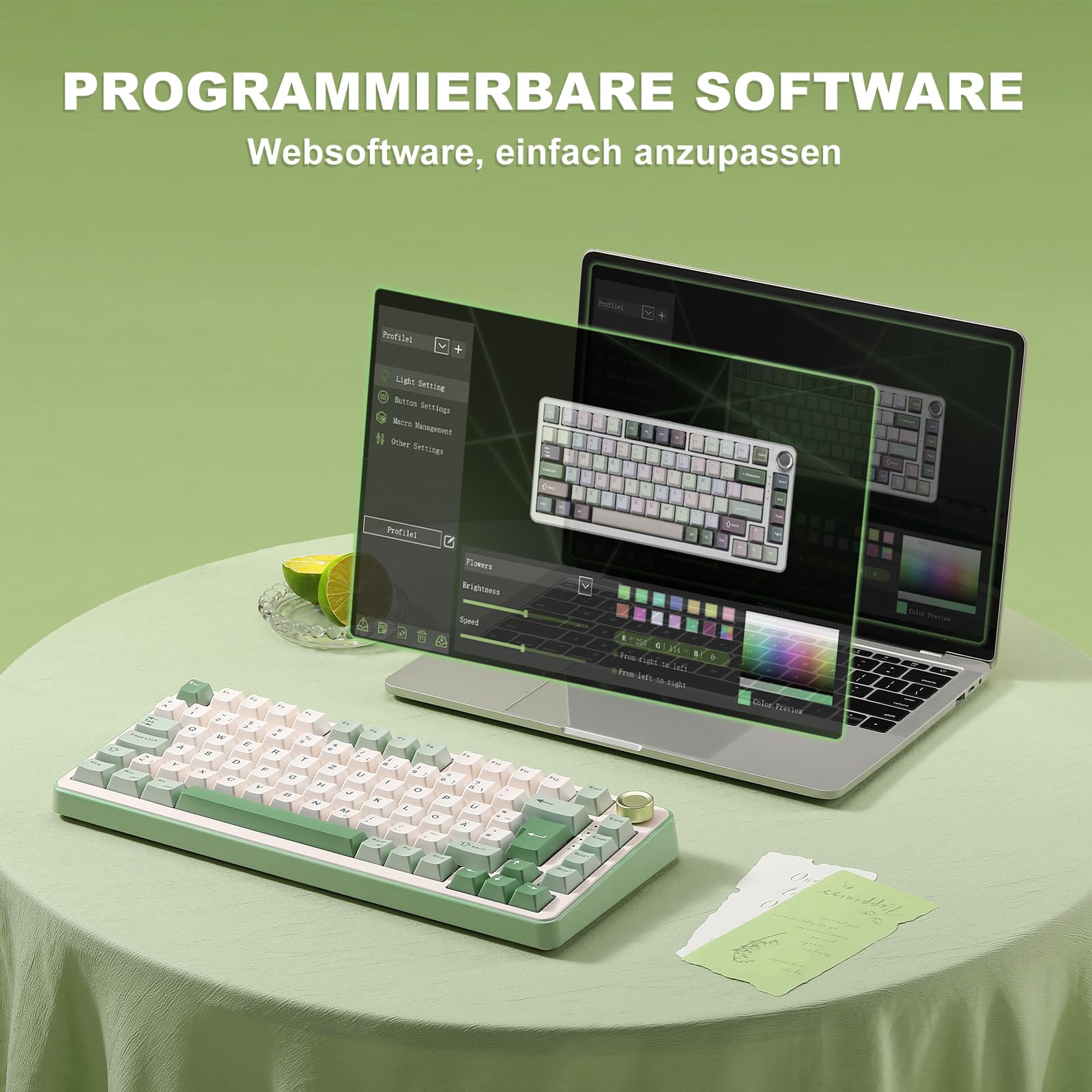 YUNZII B75 PRO ISO-DE Mechanische Gaming Tastatur, 75% QWERTZ Layout (DE) mit Drehknopf, BT5.0/2.4GHz/USB-C, Vorgeschmierte Schalter, RGB für Win/Mac/PC (Matcha Green, Cocoa Cream V2 Switch)
