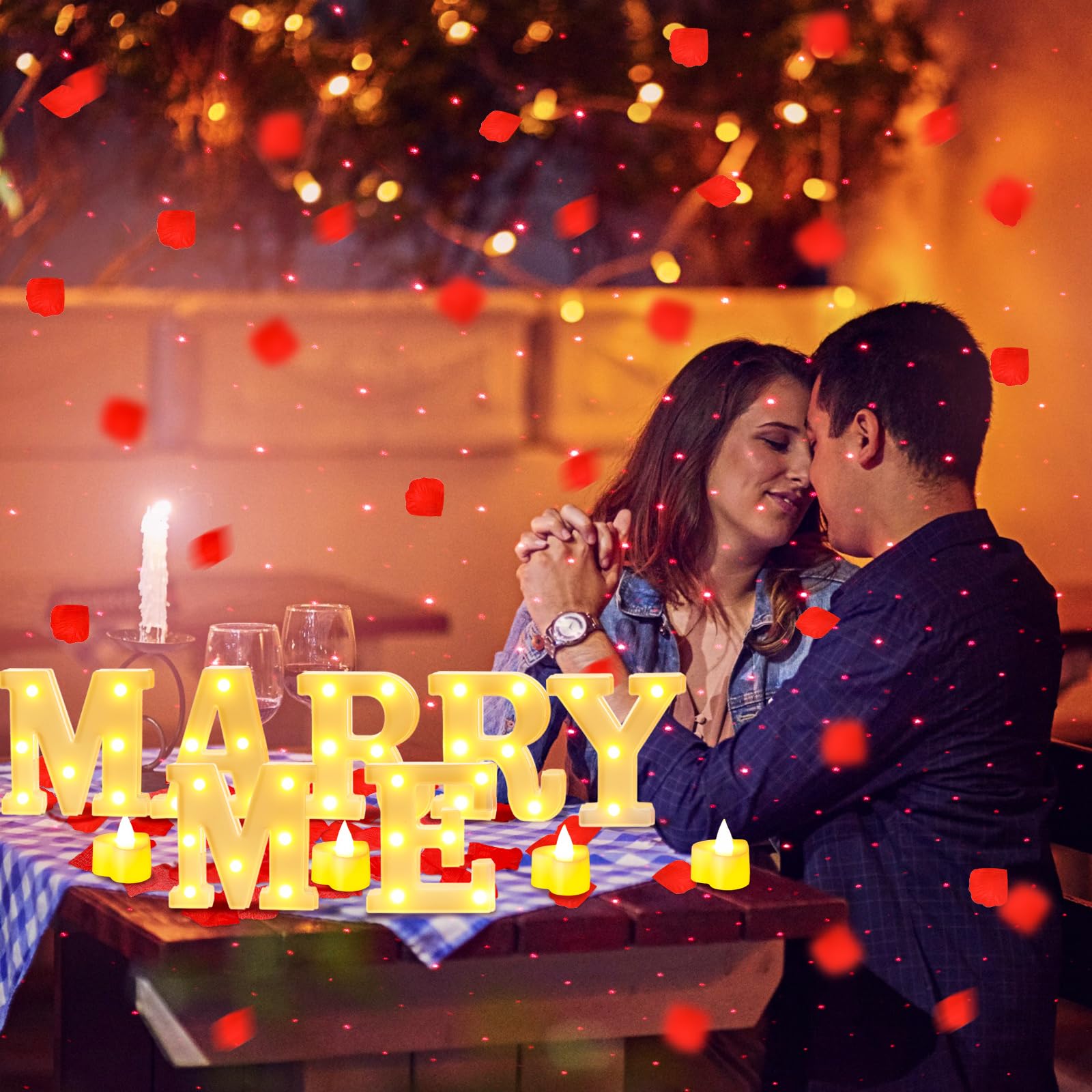 Hanaive 8128 letras iluminadas para decoración de propuesta de matrimonio, 7 piezas de letrero de cásate conmigo con 120 velas románticas de corazón, 8000 pétalos de rosa, 1 luz nocturna romántica USB