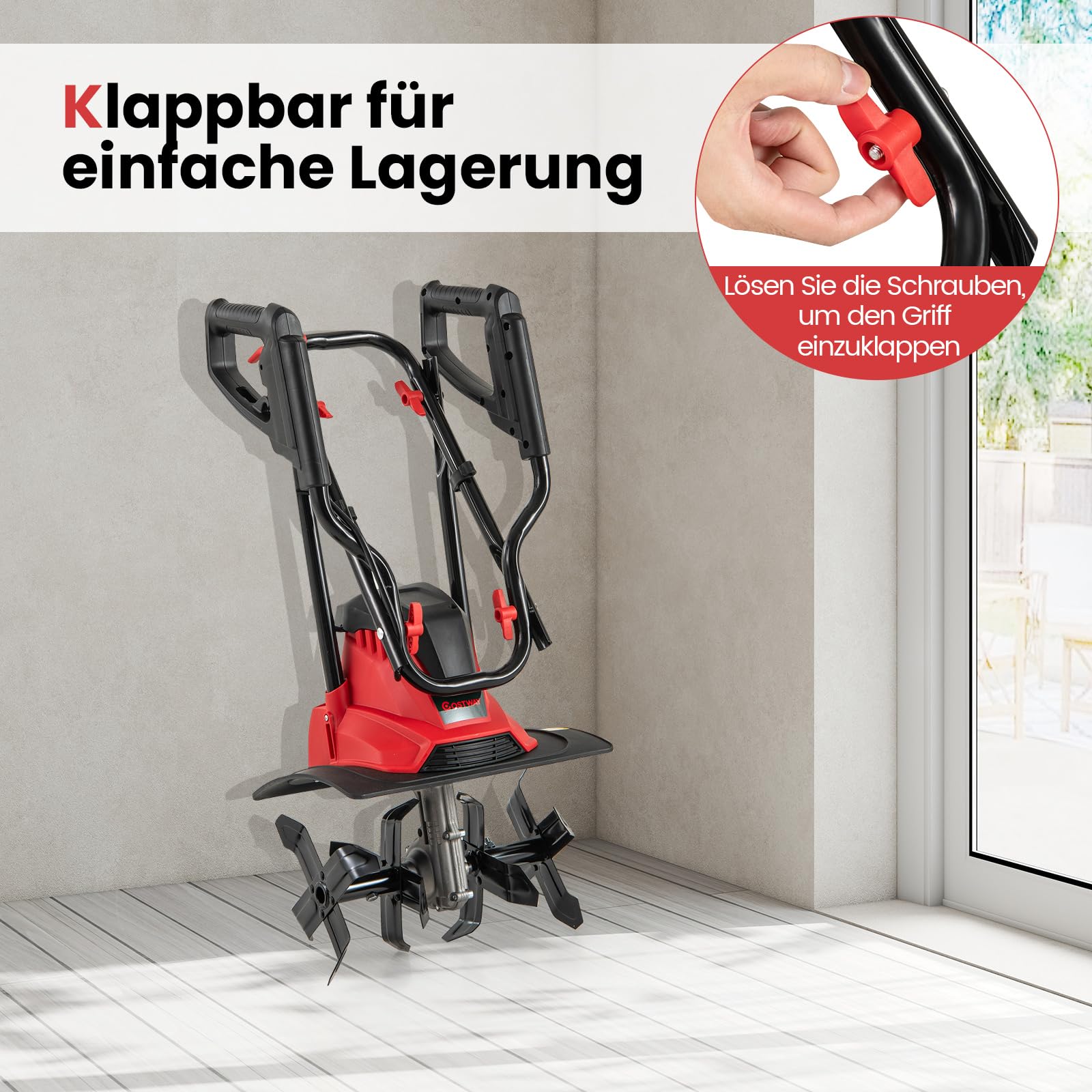 COSTWAY Motorhacke elektrisch, 1200W | Arbeitsbreite 36 cm | Arbeitstiefe 22 cm | 380 U/min, Elektro Bodenhacke mit Schutzschalter & Handgriff, klappbarer Gartenfräse (36,5 x 24 x 138 cm,Rot)