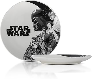 Silver Buffalo Star Wars Featuring Darth Vader, Luke Skywalker, Princess Leia, Hans Solo, Chewbacca, C3PO, R2D2, Boba Fett, and Death Star Black and White Ceramic Salad Dinner Plate