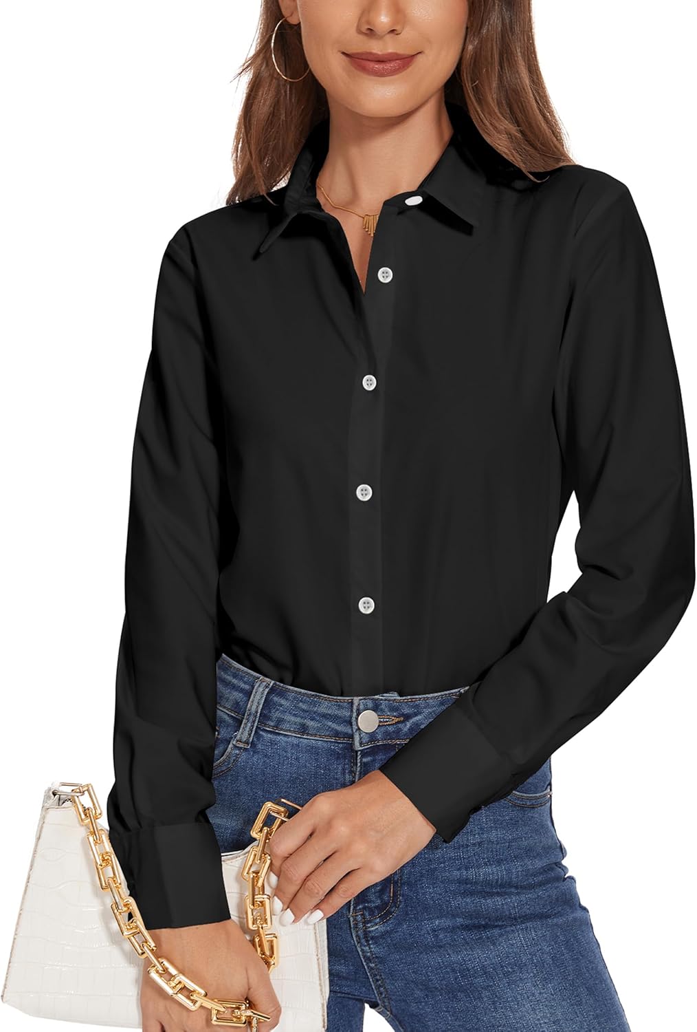 YAMANMAN Women Button Down Dress Shirts Long Sleeve Collared Blouses Wrinkle-Free Solid Work Tops