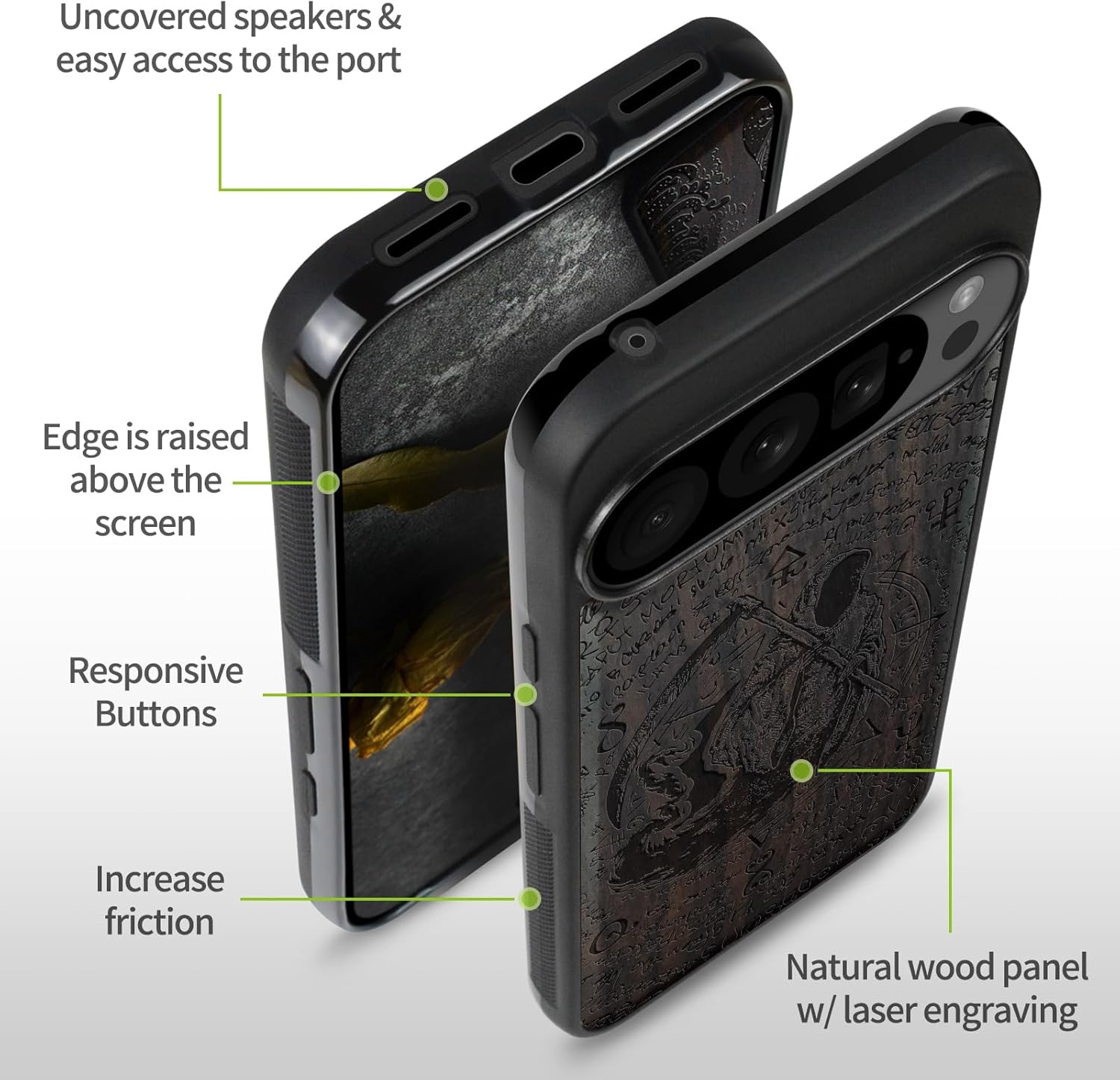 Carveit Magnetic Wooden Case for Google Pixel 10 Pro XL Case, Wood Artisan Engraved & Soft TPU Shockproof Cover, Compatible with MagSafe Wireless Chargers (The Grim Reaper of Carved) Blackwood