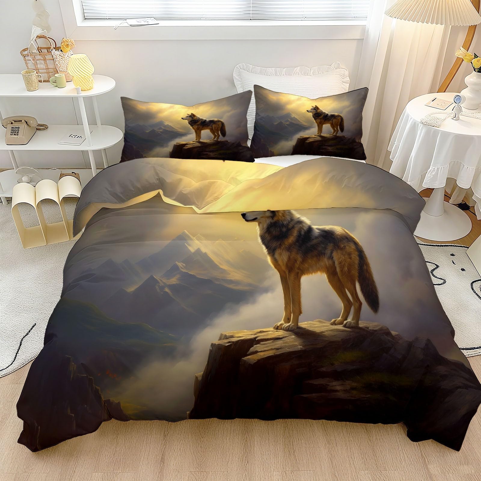 Loup montagnes imprimé parure de lit 2 personnes housse de couette 200x200
