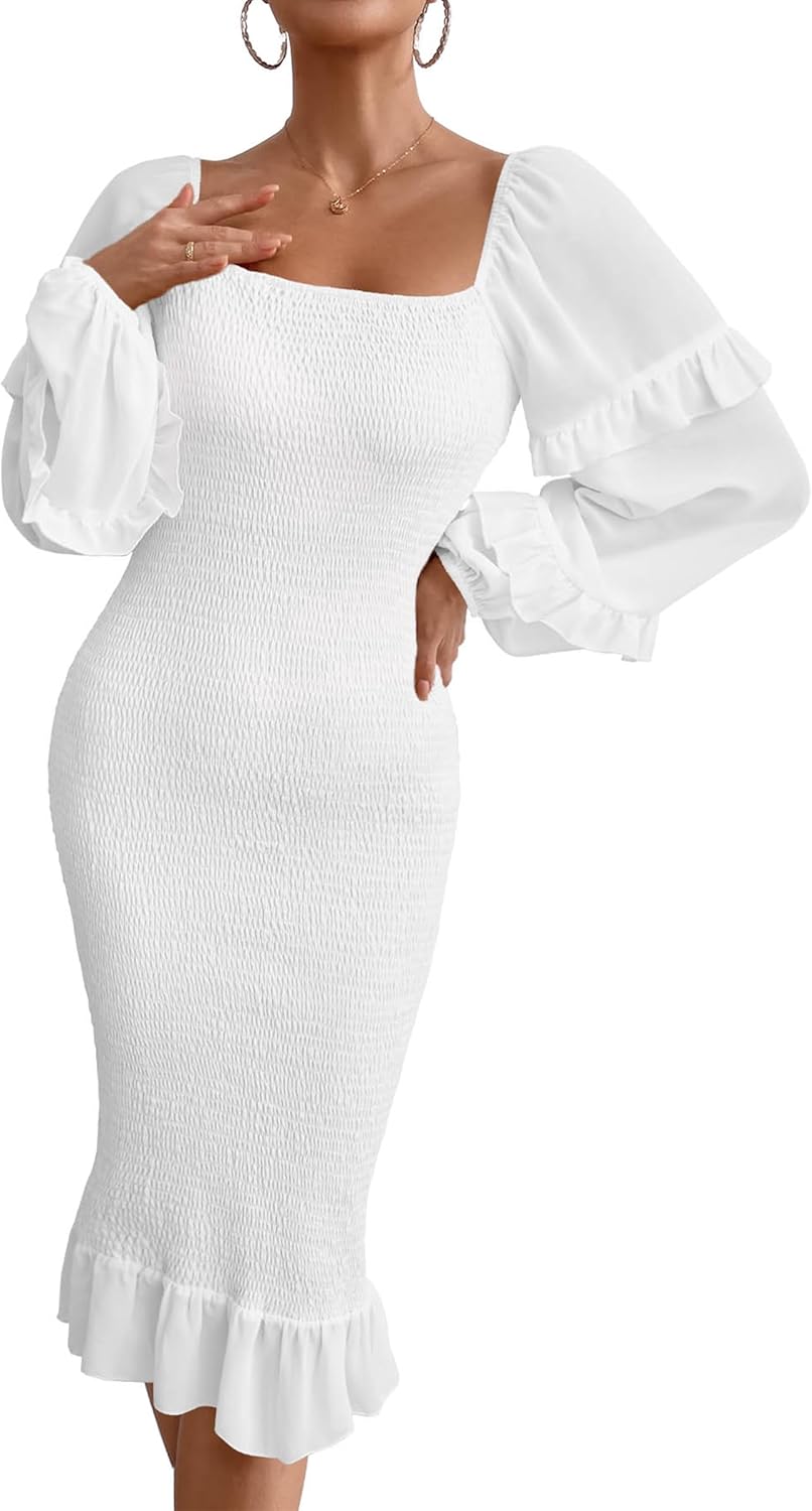 PRETTYGARDEN Women's Long Puff Sleeve Floral Midi Bodycon Dresses Square Neck Ruffle Mermaid Smocked Dress