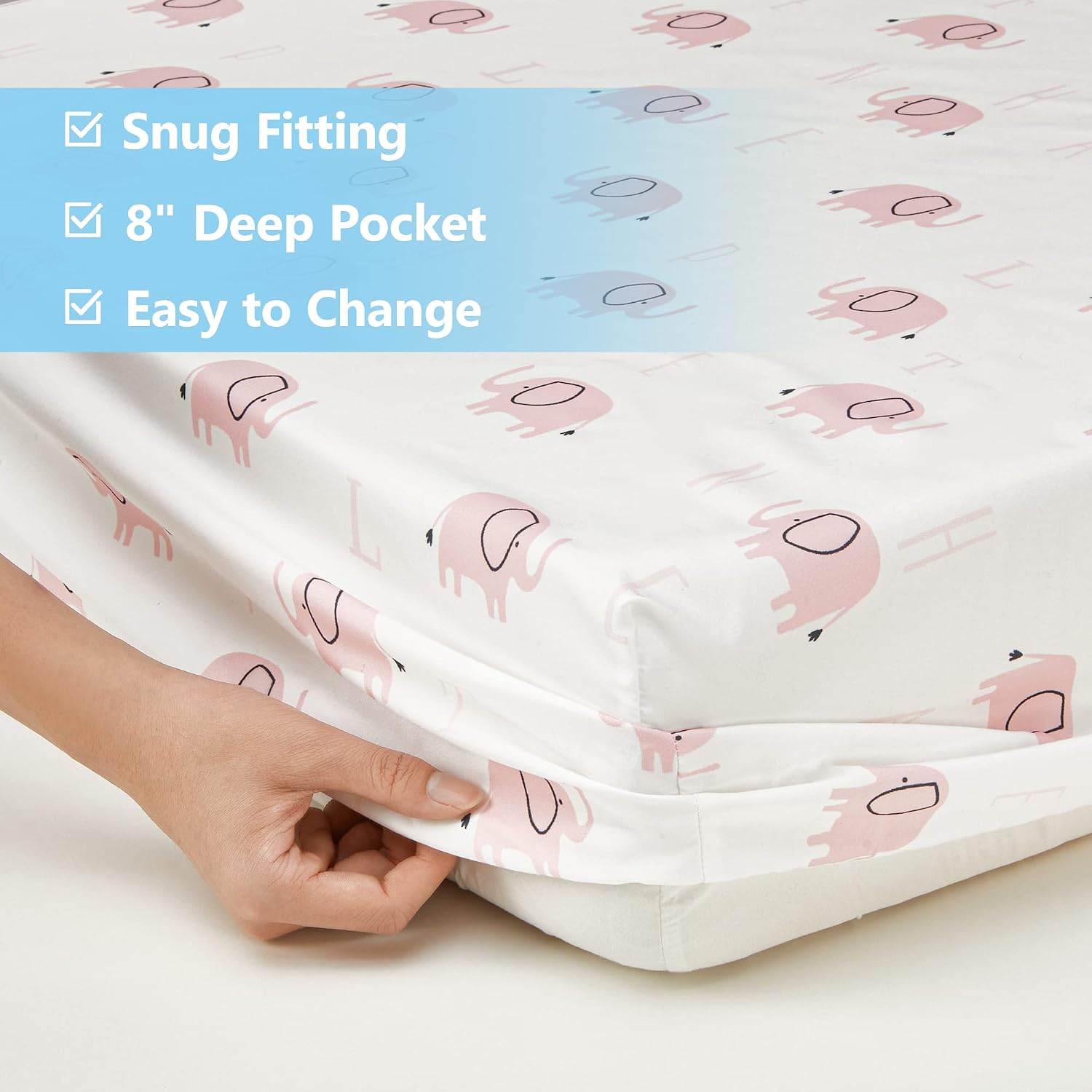 TILLYOU Fitted Crib Sheet Set 2 Pack - Super Soft Toddler Bed Sheets for Standard Crib and Toddler Mattresses, 28"x52"x8", Pink Elephant & Pink Letters