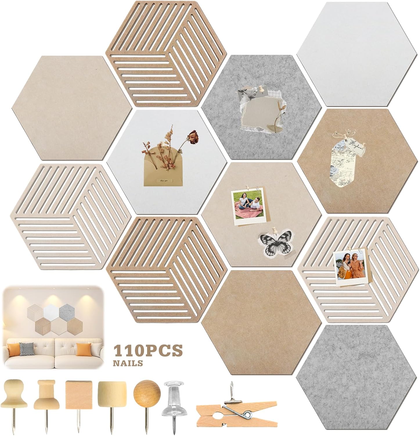 Hexagon Cork Board 12pcs with 110 Push Pins,Bulletin Board Decorative for Tiles Walls Office Room Decor Felt Vision CorkBoards for Home Pictures Photos Notes 12'' Hex
