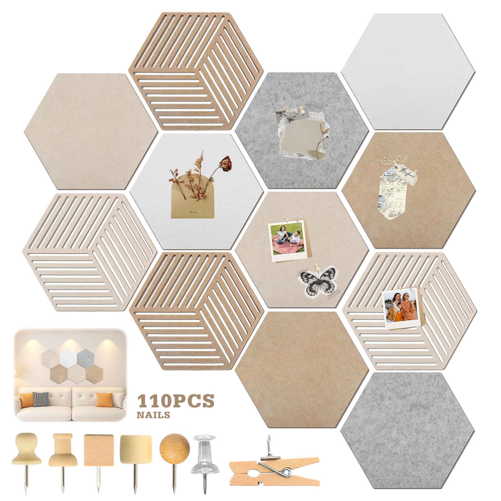 View 1 of [Partial Set ONLY 5] Hexagon Cork Board 12pcs with 110 Push Pins,Bulletin Board Decorative for Tiles Walls Office Room Decor Felt Vision CorkBoards for Home Pictures Photos Notes 12'' Hex