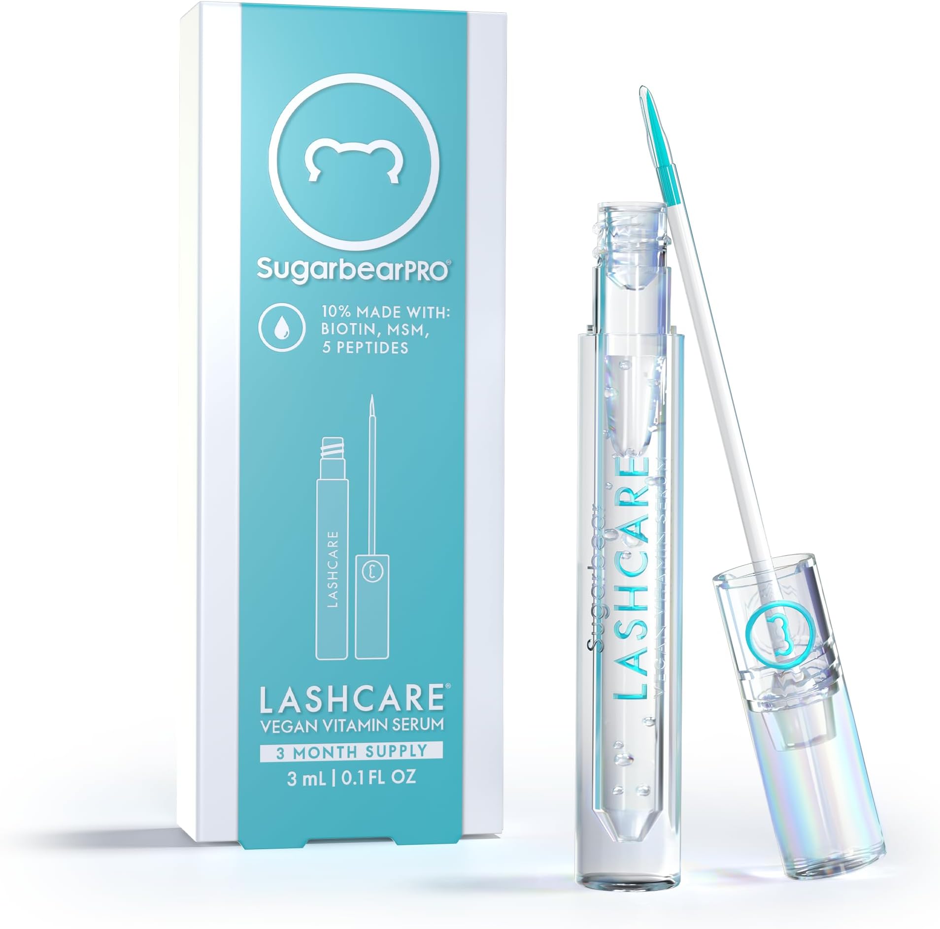 SugarbearPRO LashCare Vitamin Serum with Peptides MSM and Biotin | Vegan Formula | 3 Month Supply for Fuller Healthier Looking Lashes