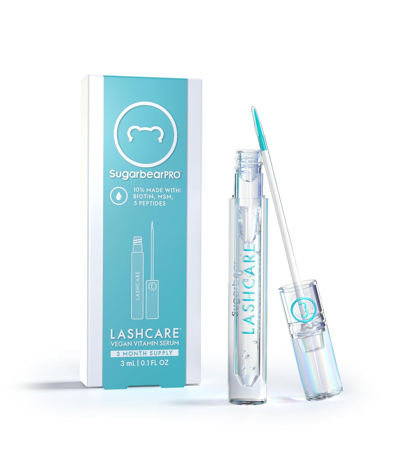 SugarbearPRO LashCare Vitamin Serum with Peptides MSM and Biotin | Vegan Formula | 3 Month Supply for Fuller Healthier Looking Lashes