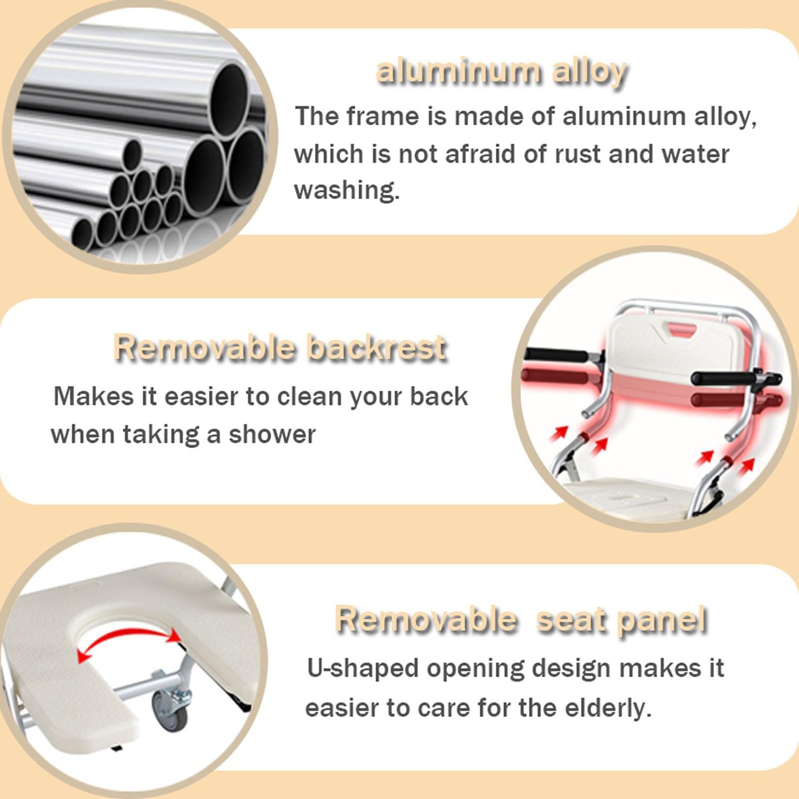 Silla para Ducha para Personas Mayores, Asiento Ducha con Ruedas Plegable, Taburete de Ducha Plegable con Frenos y Respaldo Desmontable, Carga 150kg