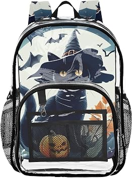 Witchy Cat Clear Plastic Backpack - Transparent PVC Heavy Duty Bag with Large Main Pocket and Mesh Pockets - Ideal for School, Travel, Outings - Clear Backpack for Everyday Use