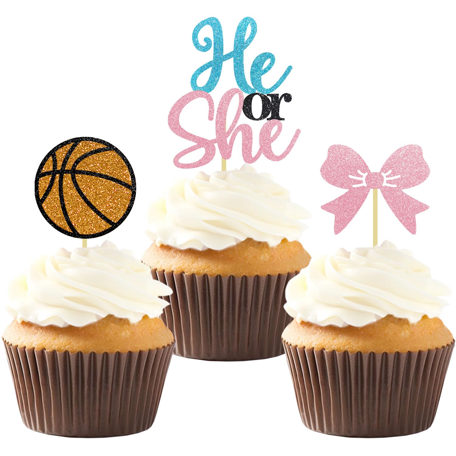 Moitkptt 24PCS Basketball He or She Cupcake Toppers, Boy or Girl Gender Reveal Cupcake Toppers for Basketball Baby Shower Decorations