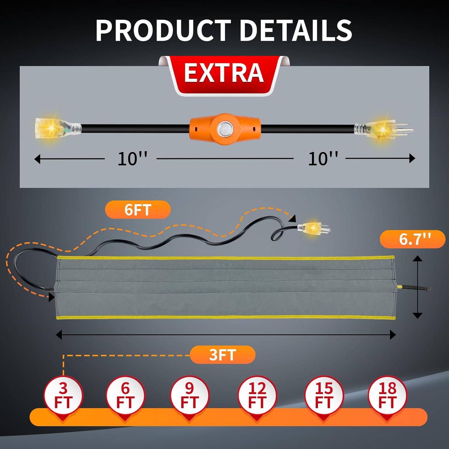 3Ft YeloDeer Stickable & Trimmable Water Pipe Heating Blanket Kit, Upgraded Self-Regulating Heating Cable for Freeze Protection, Fits Metal/Plastic Pipes, with Thermostat Extension Cord (3ft x 6.7")