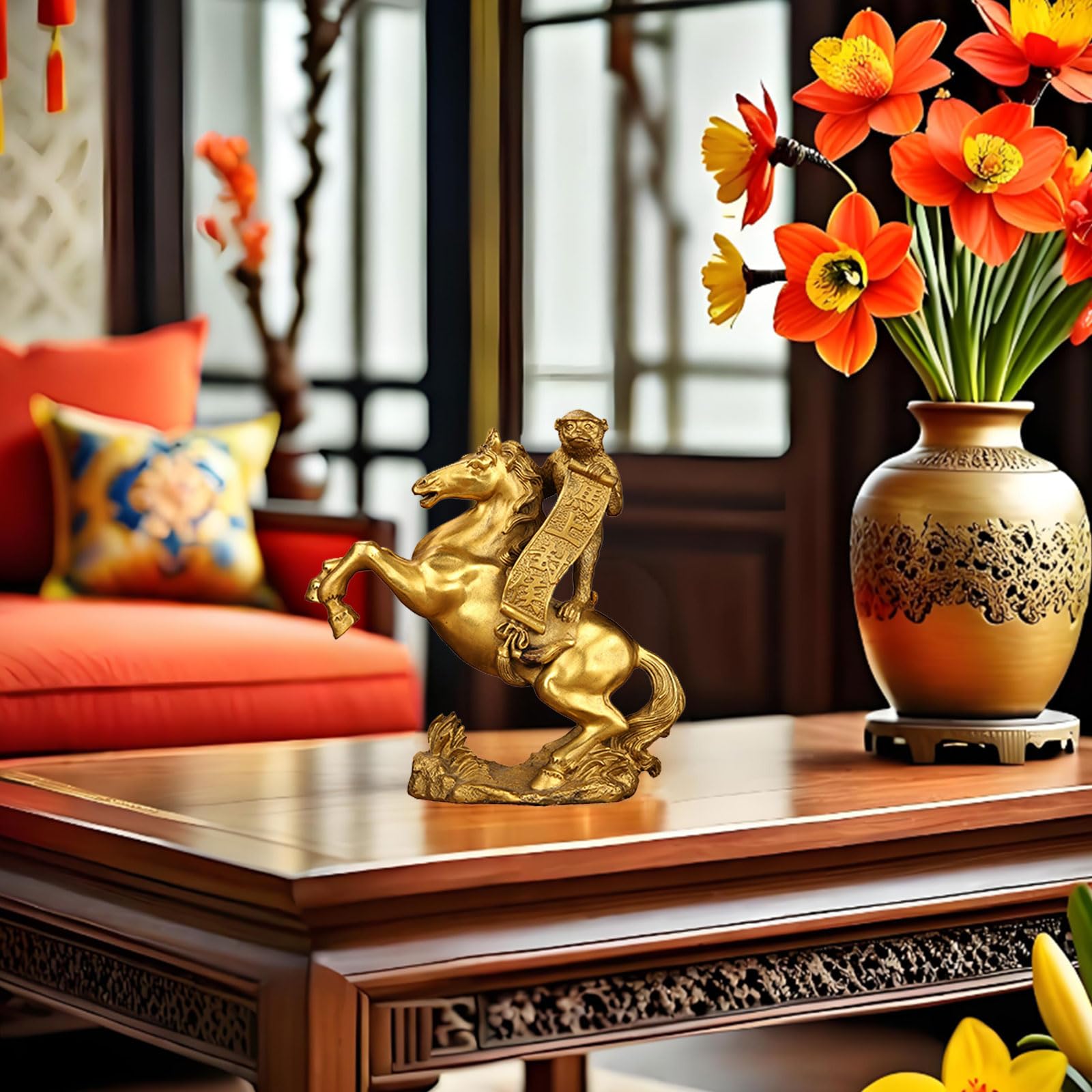 Chiński feng shui ręcznie robiony mosiądz małpa jeździectwo posąg konia chiński zodiak feng shui dekoracja dla sukcesu zawodowego, dekoracja biurka, dom i biznes błogosławieństwo prezent, 20,5