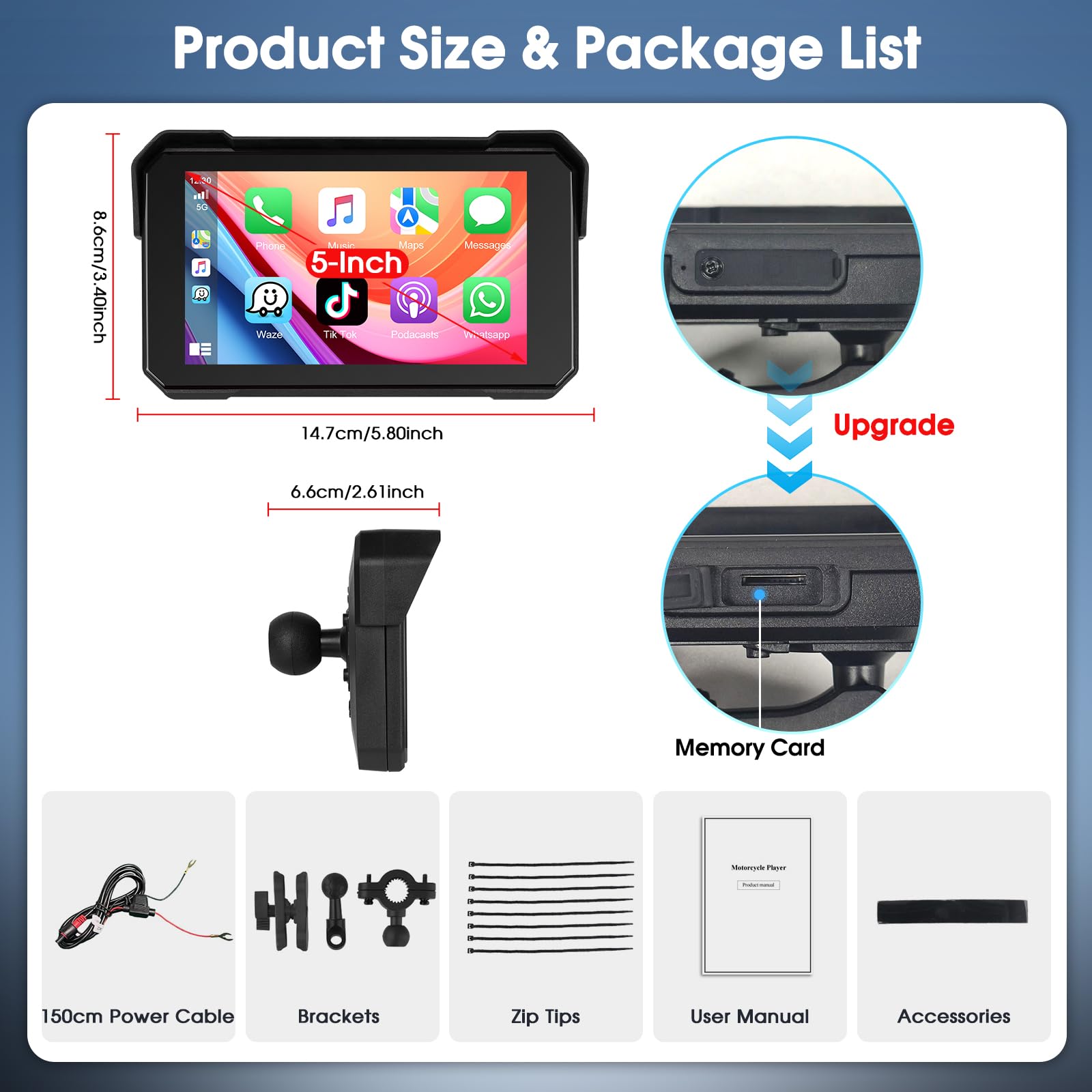 Navigatore Moto Wireless con Apple CarPlay Android Auto, IP68, Touchscreen 5 Pollici HD, GPS, Bluetooth 5.0