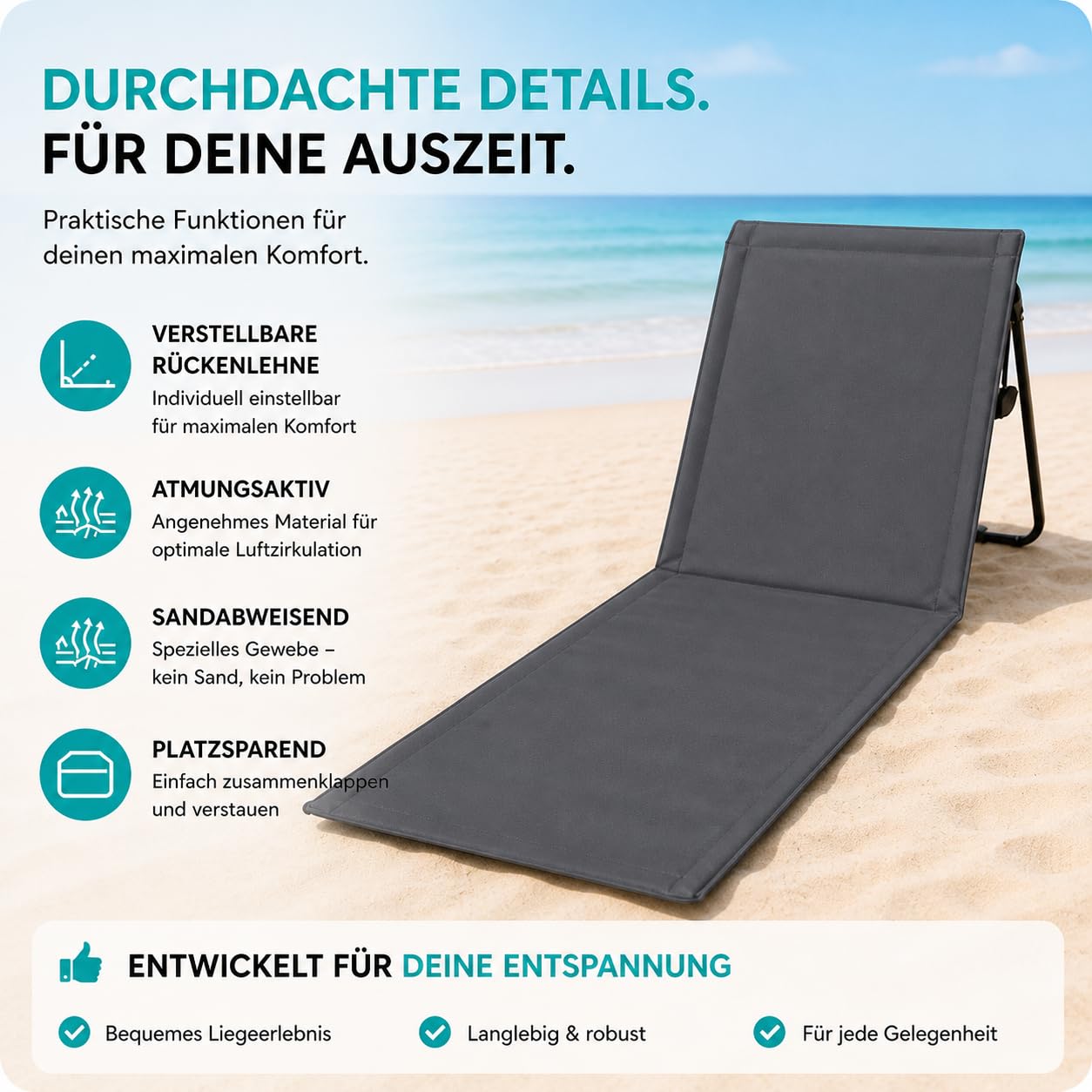 Intimo Living 2er Set Strandliege klappbar leicht – Bequeme Strandmatte mit Rückenlehne – Strandliege faltbar leicht mit Tasche – Verstellbarer Liegestuhl für Strand & Freibad (Grau, 152x51cm)
