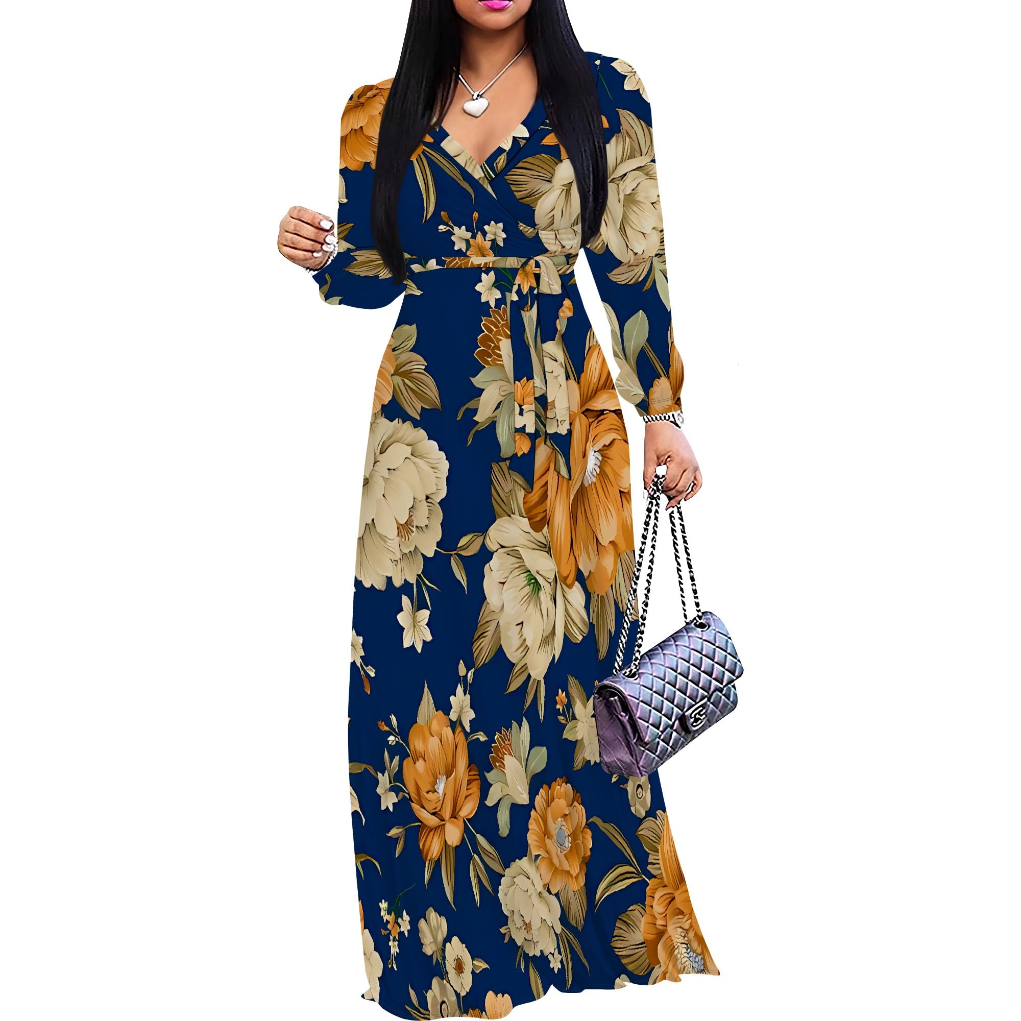 Women's Plus Size Maxi Dresses Long Sleeves V Neck Floral Print Bohemian Swing Long Dress with Belt