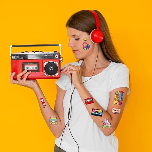 Miniatura 6 de Tatuajes temporales de cinta de casete  Más de 200 reproductores de casete retro para decoración de fiesta, suministros de recuerdos de radio, caja