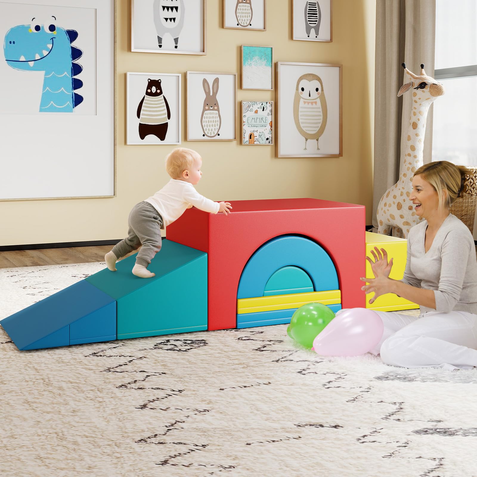 COSTWAY 7 PCS Module Motricité Bébé avec Toboggan & Escalier, Parcours Motricité Bébé en Mousse avec Housse en PU & Bandes Agrippantes, Jouets Éducatifs pour Enfants d'Âge Préscolaire (Rouge)
