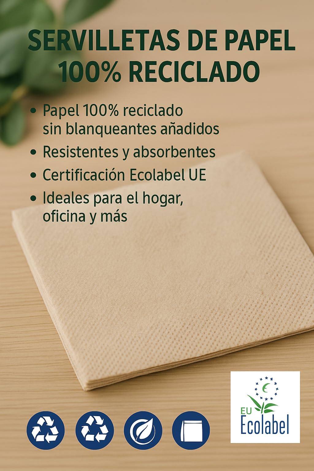 Servilletas Ecológicas Feel Green 4800 unidades – 100% Recicladas y Compostables – 20x20 cm – Paquete Doblado 1/4
