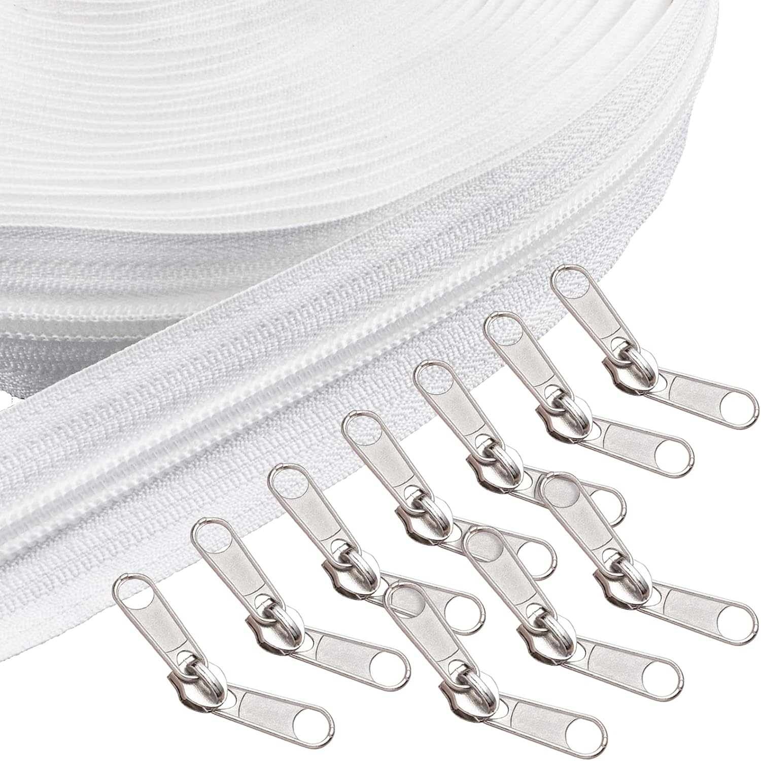 WANDIC Cremallera de nailon, 10 metros # 5 cierres de bobina de nailon blanco y 10 piezas deslizantes de doble cremallera lateral y 9 tapones de cremallera para reparar tiendas de campaña mosquitero