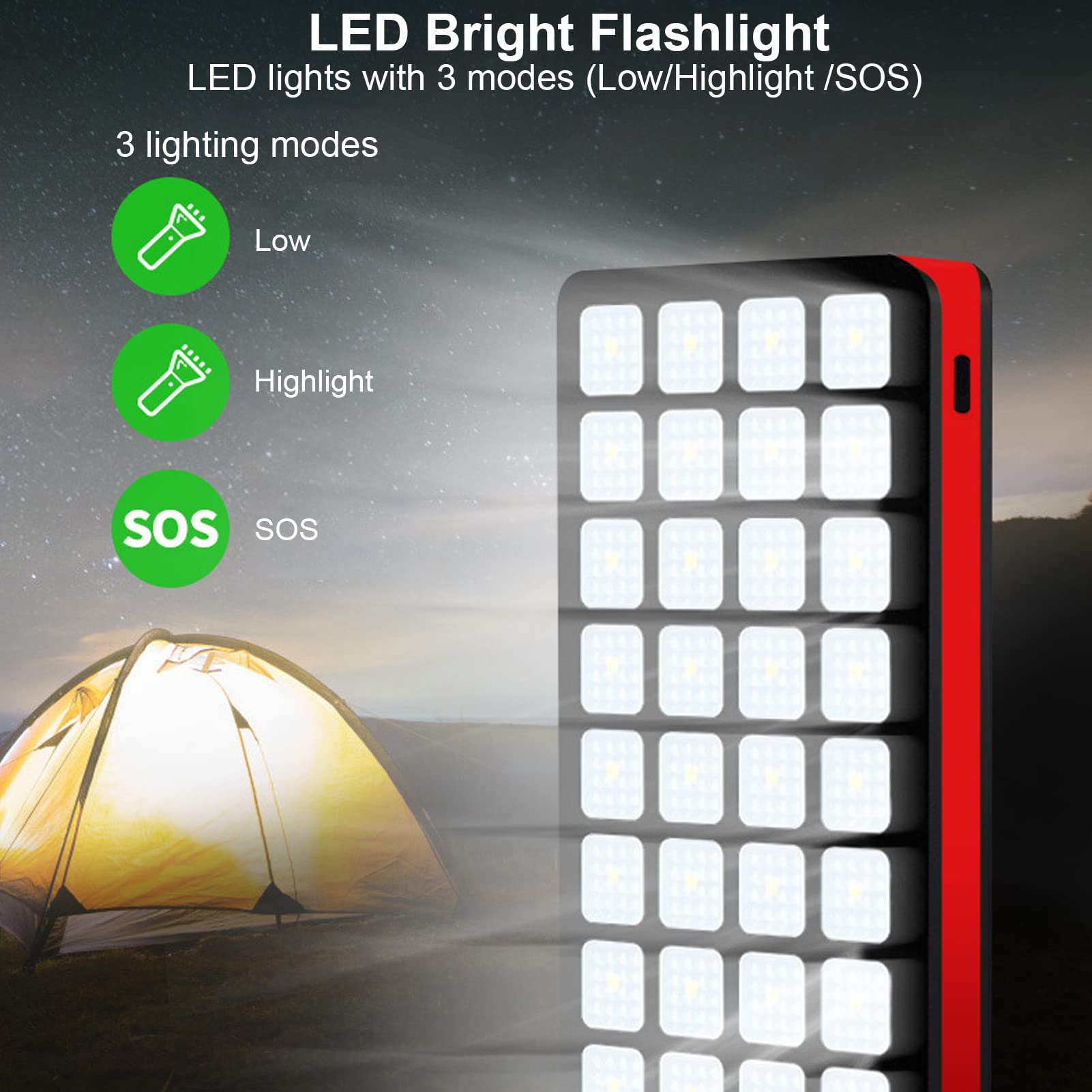 Cocoarm Banque d'énergie Solaire Chargeur Portable Batterie Externe 30000 MAh Batterie Polymère 4 Ports USB 32 Lumière LED Double Entrée pour Camping Randonnée Voyage Utilisation d'urgence