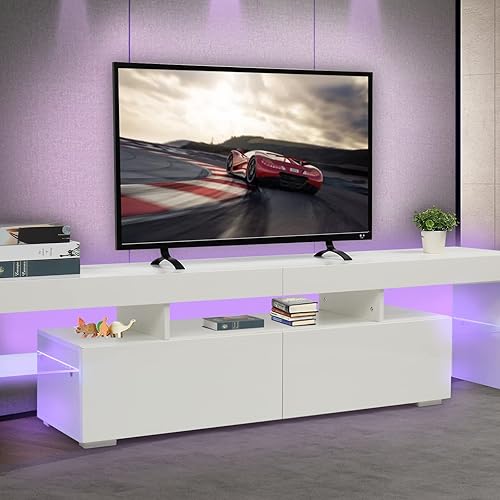 Miniatura 6 de VINGLI Soporte de TV para TV de 75 pulgadas con almacenamiento, moderno soporte de TV LED blanco de alto brillo, 2 cajones para sala de estar,