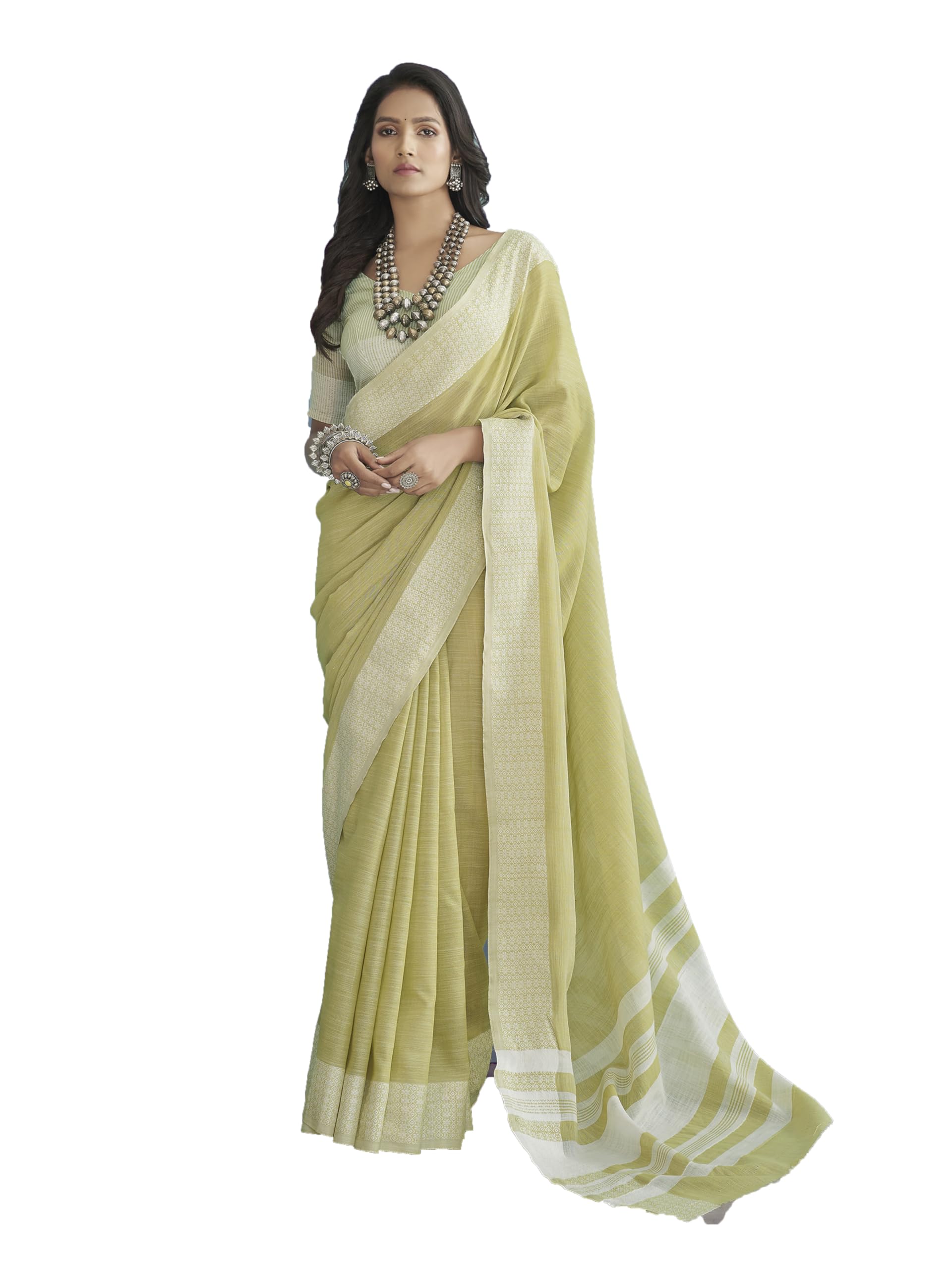 Pujia Mills Women's Soft Linen Cream & Black Chikankari Border Work Casual Wear Saree