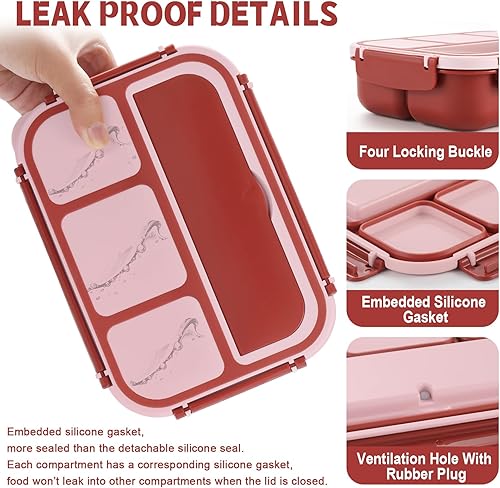 Vista 58 de Lonchera Bento para adultos, recipientes para niños y niñas con 4 compartimentos, contenedor de alimentos con utensilios, tarro de salsa, forros
