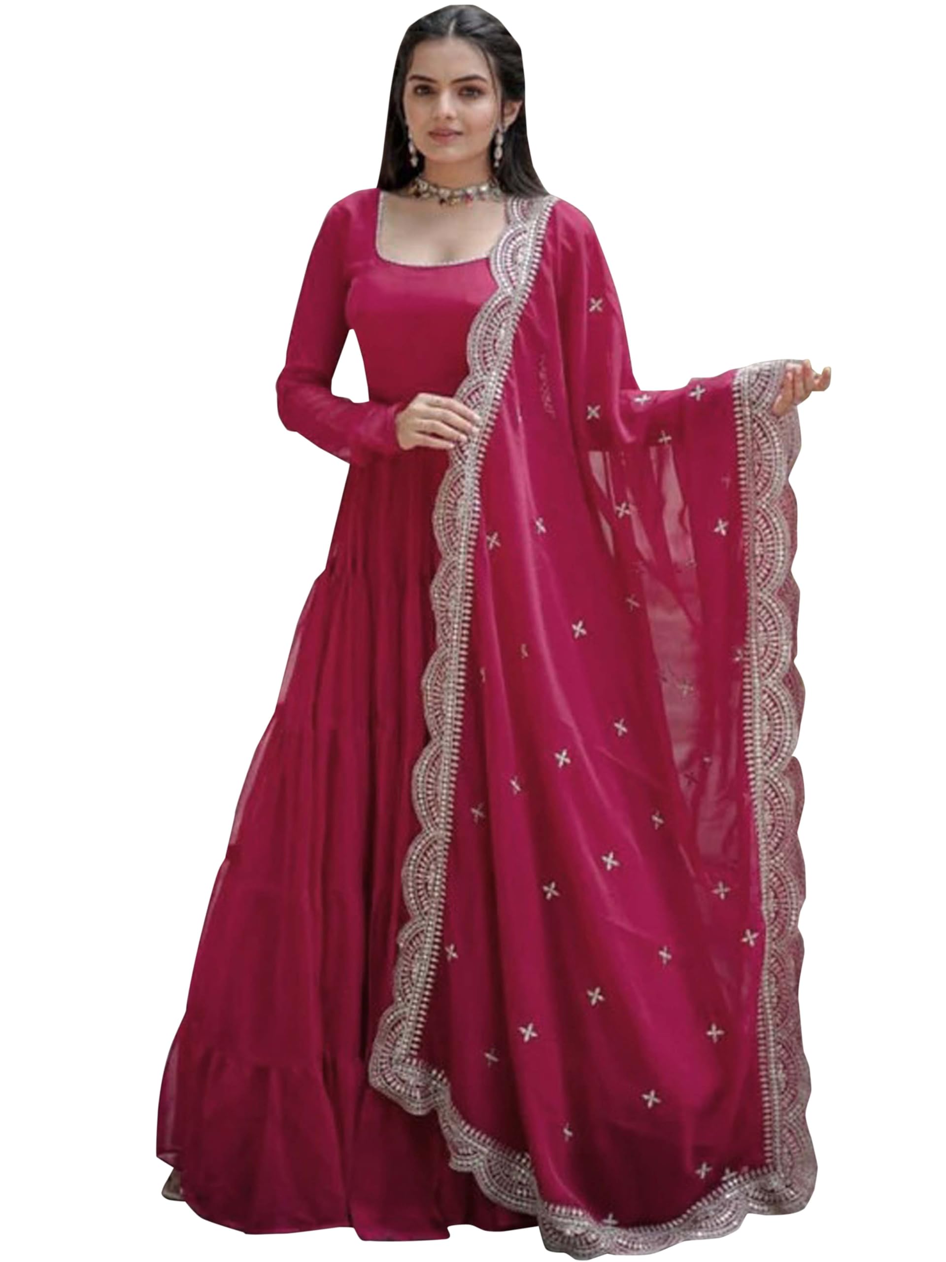 Fashion Basket Women's Georgette Solid Anarkali Dress Pink