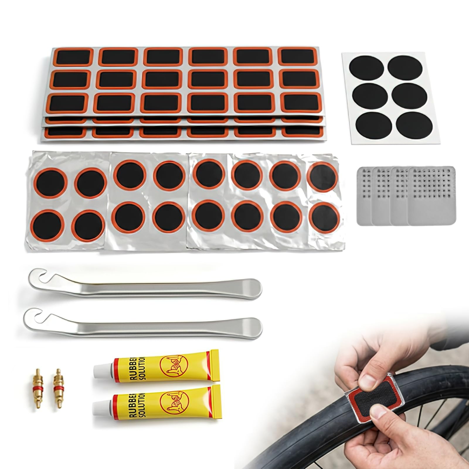 SureFly Glueless Bike Puncture Repair Kit, Self-Adhesive Bicycle Tyre Patches with Metal Levers and Portable Case, Emergency Inner Tube Repair Tool Set for Mountain Bikes, Road Bikes, Motorcycles
