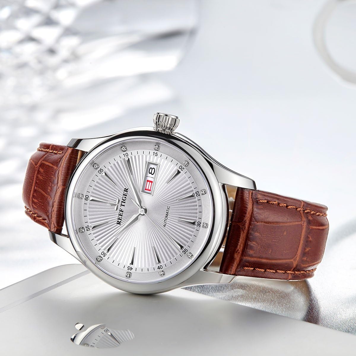 REEF TIGER Stainless Steel Automatic Watches Men's Leather Strap Dress Watch Date Day RGA8232
