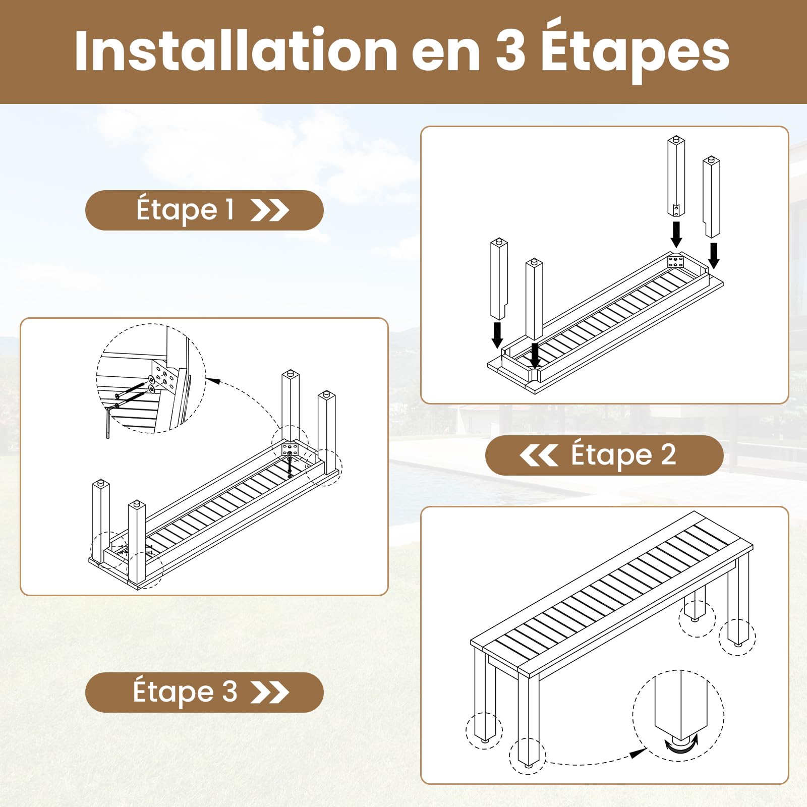 GIANTEX Banc Extérieur Jardin pour 3 Personnes, Banc de Jardin en Bois d’Acacia sans Dossier avec Renfort Inférieur, Banc de Terrasse pour Jardin, Cour, Balcon, 132 x 34 x 43,5 CM
