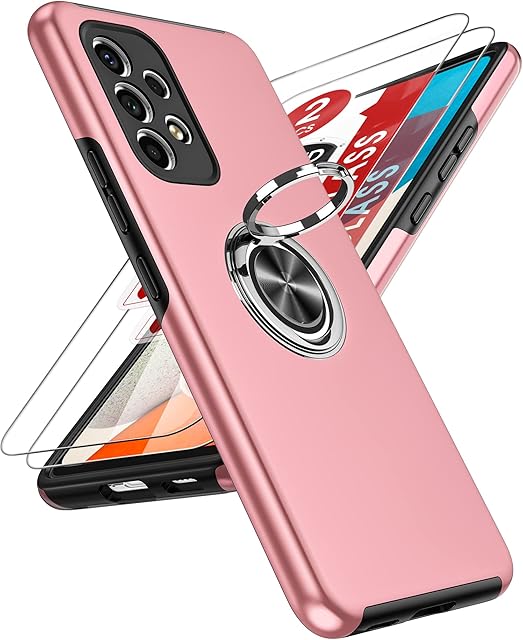 LeYi for Samsung Galaxy A53 5g Case and 2x Screen Protectors, Heavy Duty Protection Shockproof Cover with Built-in Ring Holder Lightweight Silicone Hybrid Phone Case for Galaxy A53 5g Pink