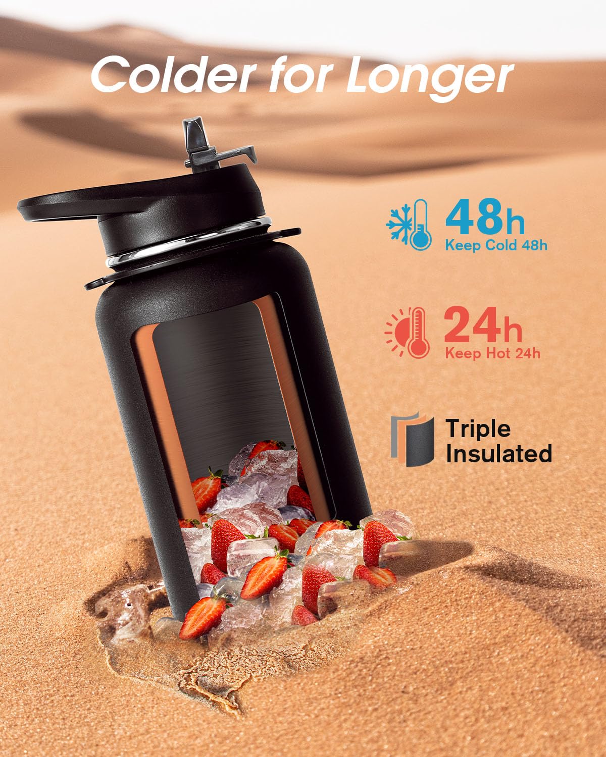 Coolflask - Borraccia da 1,1 l con cinghia, borraccia in metallo isolata con coperchi con cannuccia e beccuccio, acciaio inossidabile a doppia parete sotto vuoto, mantiene la bevanda fredda per 48 ore