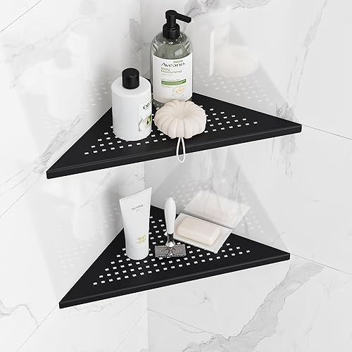 Miniatura 1 de Neodrain Juego de 2 estantes esquineros de pared de color negro mate de 10 pulgadas, estantes de esquina flotantes para pared, estantes de