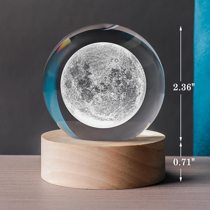 QIANRUNA 3D Moon 60mm Crystal Ball Astronomy Universe Gifts 3D Moon Model Led Lamp Globe Night Light Physics Gifts for Kids Men Women Him Her Dad Science Teacher photo 2
